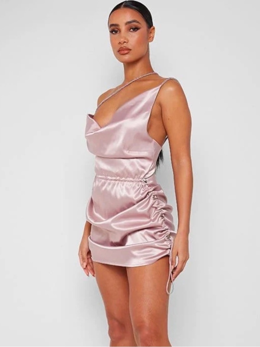 NWT Maniere De Voir White Satin Rope Strap Cord Side Pull Ruched Mini Dress
